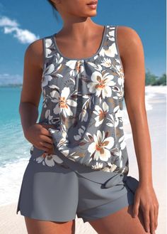 Color:Grey;Size:S;Size:M;Size:L;Size:XL;Size:XXL;Bra Style:Padded;Support:Wire Free;Pad Style:Removable;Strap Style:Unadjustable;Package Contents:1 X Top , 1 X Shorts;Occasion:Sport; Trendy Swimsuits, Printed Tankini, Swimwear Tankini, Tankini Set, Plus Size Swimwear, Bra Styles, Outfit Casual, Swim Suit, Amelie