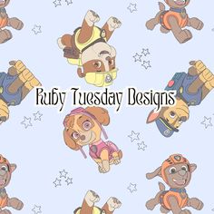 teddy bears with backpacks and stars on a blue background that says ruby tuesday designs