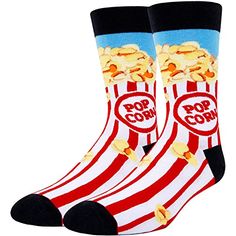 Popcorn SocksThese men's socks boast a playful popcorn design at the top, complete with bold "POPCORN" lettering. Available in a vibrant multicolor scheme, with a striking red base.Size & PackageOne size fits most. Our men's crazy socks are designed to fit shoe sizes 7-13 and sock sizes 8-14. Each pair of funny socks comes in a plastic zippered bag.Quality MaterialOur novelty socks are made of 80% Cotton, 15% Polyamide, and 5% Elastane to ensure they are soft, comfortable, stretchy, and breathab