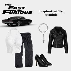 the fast and the fabulous movie poster with black leather jacket, white top, jeans and high heeled shoes