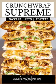 a stack of crunchwrap supreme quesadillas stacked on top of each other