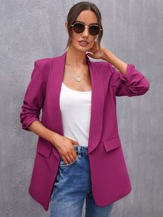 Roxo elegante Collar Manga três quartos Tecido Simples Regular Embellished Não elástico Primavera / Outono Purple Blazer Outfits For Women, Outfit Casual Con Blazer, Outfits Blazer, Purple Blazer, Business Chic, Lightweight Blazer, Ruched Sleeve, Blazer Style, Open Front Blazer