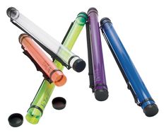 four different colored flashlights are lined up together