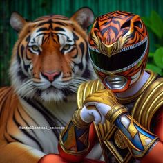 a tiger and a man in armor are next to each other