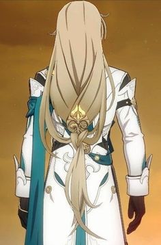 an anime character with long blonde hair wearing white and blue clothes, standing in front of a yellow sky