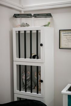 a white cabinet with some stuffed animals in it's cages on the wall