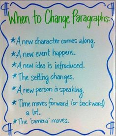 a sign with words written on it that says when to change paragraphs, a new character comes along