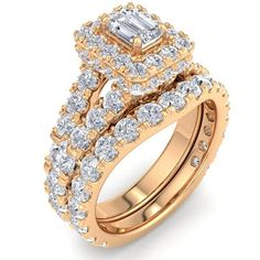 two pieces of gold and white diamond wedding ring set with matching band, size 8