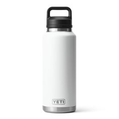 the yeti water bottle is white and has a black cap on it's side