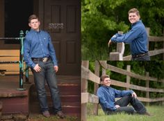 two men in blue shirts and jeans are posing for pictures on the same side of a wooden fence