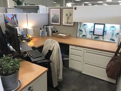 an office cubicle with desks, computer and plants on the counter top in front of it