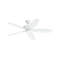 a white ceiling fan with four blades on the top and one light on the bottom