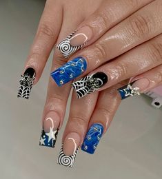 Blue Nails French Tip, Square Nails Fall, Nail Art Spider, Blue Nails French, Coraline Nails, Nail Inspo Hello Kitty, Duck Nails Short, Azul Nails, Valentine Nails Pink