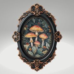 an ornate frame with mushrooms painted on it