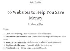 a white sheet with the words 65 web sites to help you save money