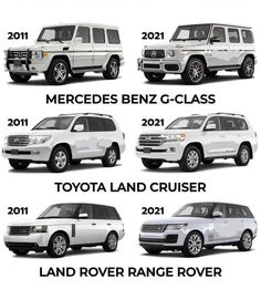 four different types of suvs are shown in this graphic above the words, mercedes benz g class and toyota land rover range rover