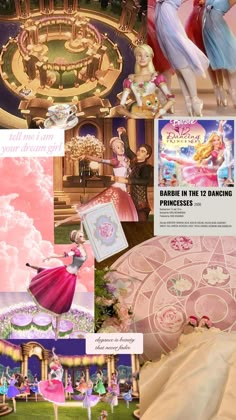 the collage shows barbies and princesses in their dresses