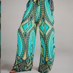 Fits Sizes 4 To 16, 40" Inseam, 60% Cotton, 4% Polyester, Machine Washable, Imported, One Size, Turquoise Printed Blue Bottoms For Vacation, Blue Printed Bottoms For Vacation, Printed Green Pants For Vacation, Green Printed Beach Pants, Green Printed Pants For Vacation, Bohemian Style Printed Blue Bottoms, Bohemian Blue Printed Bottoms, Beach Pants With Printed Blue Design, Casual Printed Blue Bottoms