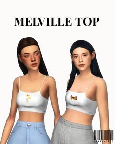 two young women in white tops and blue shorts are standing next to each other with the words mevlie top on them