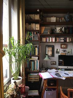 a home office with bookshelves full of books and plants in the window sill