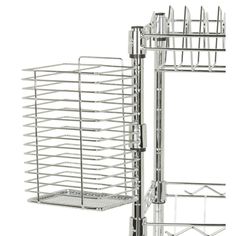 a metal rack with two baskets on the top and one in the bottom, against a white background