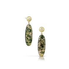 These drop earrings are as reminiscent of nature as it gets! The lively moss agates look like their namesake and we love that no two stones are identical. These long and sleek stones are suspended from our Wish stud earrings in 14K green gold with diamonds. Our signature Cashmere Finish® makes the diamonds pop and lends a tactile softness to the gold. More like this: Moss Agate Lacryma Necklace Corazon Stacking Ring with Black Diamonds PRODUCT SPECIFICATIONS: Diamonds are F/G color, VS clarity a Elegant Green Agate Earrings, Elegant Dangle Earrings With Natural Inclusions, Black Diamonds, Stacking Ring, Moss Agate, Green Gold, Stacking Rings, Black Diamond, Green And Gold