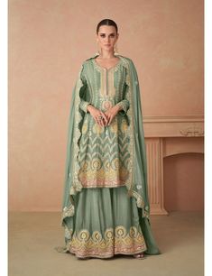 Buy a Real Chinon Short Anarkali With Sharara On Rutbaa Sharara Style, Designer Mirror, Lehenga Gown, Palazzo Suit, Designer Salwar Suits, Full Dress, Mirror Work, How To Look Classy, Clothes Collection