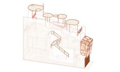 an architectural drawing of a building with several tables and stools on the top floor