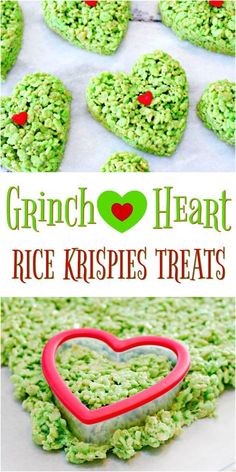 green heart rice krispies treats with the words, crunch heart rice krispies treats