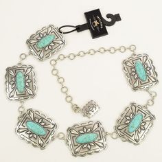 Idyllwind Turquoise Scalloped Concho Western Chain Belt Nwt Made Of Zinc, Stone & Iron Lobster Clasp Closure Adjustable Length Each Concho Is 2-3/8" X 2-5/8" New W/ Tags Southwestern Silver Jewelry For Summer, Silver Southwestern Jewelry For Summer, Turquoise Western Style Summer Jewelry, Southwestern Blue Jewelry For Summer, Blue Southwestern Style Jewelry For Summer, Blue Southwestern Style Summer Jewelry, Southwestern Style Silver Jewelry For The Beach, Silver Turquoise Western Necklace For Festivals, Western Blue Jewelry For The Beach