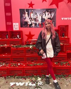 This pop up was too cute!❤️🥀🤍 . . . . #kpop #once #twice #winteroutfit red tights outfit. Red leggings outfit. Fall outfit inspo. Winter outfit inspo. Christmas outfit inspo. Red outfit. Red hair ribbon #feelingfestive24 holiday outfit. Leather jacket outfit. Kpop outfit inspo.