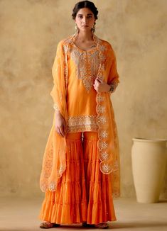 Tangerine Embellished Silk Kurta Gharara Set With Dupatta Varun Chhabra - Fabilicious Fashion Chennai Wedding, Vacuum Storage, Silk Kurta, Organza Dupatta, Silk Shorts, Cotton Set, Chennai, Aza Fashion, Neck Designs