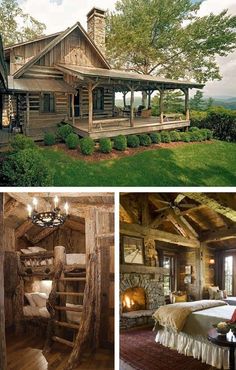 rustic log cabin with stairs leading to the upper floor and second story bedroom on top