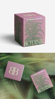 the packaging design for botanical leaves is shown in three different colors and sizes, including pink