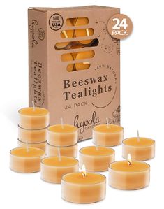 six beeswax tealights in a box with the package behind it and eight candles inside