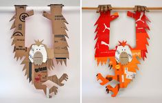 two different pictures of cardboard animals hanging from clothes pins