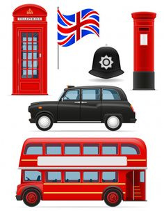 the british symbols are depicted in this graphic art work, including a london bus, telephone booth and hat