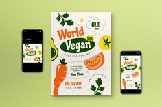 three cell phones are shown next to an advertisement for the world vegan food product