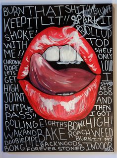 a painting of a red lips with words all over it