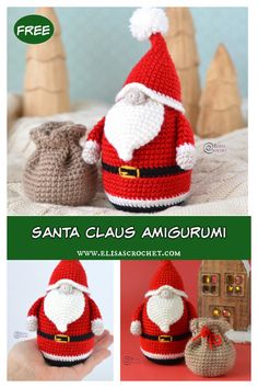 crocheted santa claus amigurum is shown in three different styles and sizes