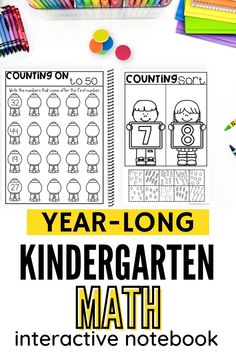 the year long kindergarten math worksheet is shown with pencils and crayons