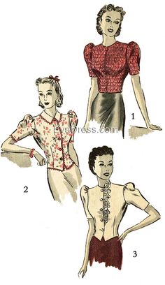 "Originally by Hollywood, this is an unusual sewing pattern for short-sleeve blouses in various styles. Blouse style 1 is close-fitting by means of elastic shirred fabric. Three rectangular guide pieces are furnished in this pattern for one to shir the fabric and then cut the pattern pieces for the style 1 blouse. NOTE: Two pieces are missing from this pattern to make all 11-pieces. The back blouse facing for styles 2 & 3 is missing and the sleeve facing for styles 2 & 3 is missing. Both Retro Fitted Short Sleeve Blouse, Fitted Short Sleeve Tops With Gathered Sleeves, Tops With Gathered Short Sleeves, Fitted Top With Gathered Short Sleeves, Vintage Fitted Tops With Gathered Sleeves, Short Sleeve Tops With Gathered Sleeves, Stretch Short Sleeve Top With Gathered Sleeves, Stretch Top With Gathered Short Sleeves, Fitted Sewing Pattern For Dressmaking