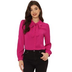 Whether you're in the office or out on the town, this cute blouse is perfect for any occasion. The soft fabric will keep you comfy all the time. Simple and classic shirts are never out of date and maintain an elegant appearance. The stylish Peter Pan collar and bow-tie neck design are different from those of classic shirts, adding a unique feminine. A classic blouse goes well with everything. It can be dressed up with dress pants or casual with skinny jeans or plaid skirts to show the preppy sty Fall Workwear Blouse With Back Button Closure, Long Sleeve Blouse With Back Button For Office, Long Sleeve Blouse With Back Button Closure For Office, Long Sleeve Button Blouse For Office, Long Sleeve Blouse With Buttons For Office, Office Long Sleeve Blouse With Button Closure, Office Long Sleeve Blouse With Back Button Closure, Office Blouse With Back Button Closure And Long Sleeves, Feminine Long Sleeve Blouse For Office