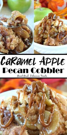 Caramel Apple Pecan Cobbler is a favorite fall dessert recipe, packed full with apples, pecans and caramel, topped with a delicious cobbler topping and then drizzled with homemade caramel. Cobbler Apple, Dessert For Fall, Oreo Desserts, Apple Recipes Healthy, Baked Apple Recipes, Cobbler Topping, Pumpkin Cheesecake Bars