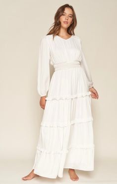 The Genevieve White Maxi Dress Lds Temple Dresses, Lds Temple Dress, Temple Dresses, White Tiered Dress, Dresses With Long Sleeves, White Temple, Temple Dress, Lds Temple, Modest Dress