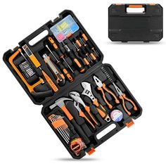 an open tool box filled with tools on top of a white background and black case