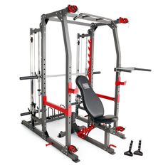 the body - solid power cage is shown in red and silver, with an overhead squat station