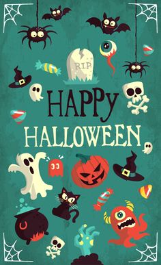 a happy halloween card with lots of cute cartoon monsters and bats on it's green background