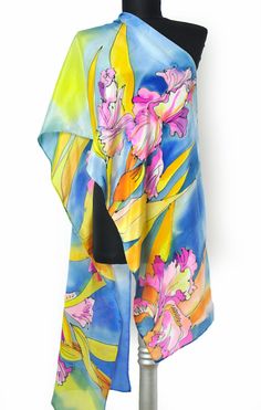 Hand painted silk Scarf/Yellow Orhids/Painted silk shawl/Woman Silk Floral Print Shawl Scarf, Silk Floral Print Shawl Scarves, Multicolor Silk Shawl Scarf, Multicolor Silk Shawl, Spring Silk Dupatta With Digital Print, Elegant Blue Dupatta With Digital Print, Multicolor Silk Shawl With Floral Print, Multicolor Silk Floral Print Shawl, Silk Floral Print Shawl