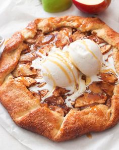 an apple pie with ice cream on top